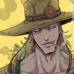  1boy blonde_hair blue_eyes chin cigarette cleft_chin cowboy_hat hat hol_horse jojo_no_kimyou_na_bouken long_hair one_eye_closed smoking solo tanakaoften 