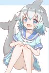  1girl :d animal_ears blue_background blue_dress blue_eyes blue_hair blue_sailor_collar blush breasts cetacean_tail choker collarbone commentary_request common_bottlenose_dolphin_(kemono_friends) dress feet_out_of_frame grey_hair hands_on_own_knees highres kemono_friends knees_together_feet_apart knees_up long_hair looking_at_viewer medium_breasts multicolored_hair neckerchief panties sailor_collar sailor_dress short_sleeves sitting smile solo sunanuko_(ramuneko) two-tone_background two-tone_hair underwear white_background white_choker white_neckerchief white_panties 
