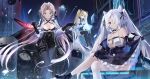  3girls absurdly_long_hair absurdres arino_ayarei azur_lane bare_shoulders barefoot belt black_belt black_bra black_footwear black_gloves black_legwear blonde_hair blue_eyes bra breasts center_opening clothing_cutout cuffs dress elbow_gloves eyebrows_visible_through_hair gloves hair_horns handcuffs high-waist_skirt highres holding holding_handcuffs holographic_interface holstered_weapon impossible_hair kiev_(azur_lane) kiev_(backstreet_silver_sonata)_(azur_lane) kronshtadt_(azur_lane) kronshtadt_(begin_the_rush!)_(azur_lane) layered_dress light_brown_hair long_hair looking_at_viewer manjuu_(azur_lane) medium_breasts multiple_girls navel_cutout official_alternate_costume one_eye_covered pantyhose partially_unzipped pencil_skirt puffy_sleeves red_eyes riot_shield shield shirt shoes silver_hair sitting skirt small_breasts soobrazitelny_(azur_lane) soobrazitelny_(the_machinery_of_life)_(azur_lane) standing swat twintails two-tone_dress unbuttoned unbuttoned_shirt underwear very_long_hair white_dress white_legwear white_shirt zipper 