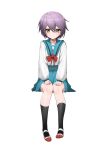  1girl absurdres bangs black_legwear blue_sailor_collar blue_skirt brown_eyes closed_mouth commentary cool_est expressionless eyebrows_visible_through_hair full_body hair_between_eyes hands_on_own_knees highres kita_high_school_uniform kneehighs long_sleeves looking_at_viewer nagato_yuki purple_hair red_ribbon ribbon sailor_collar school_uniform serafuku shoes short_hair simple_background sitting skirt solo suzumiya_haruhi_no_yuuutsu thighs uwabaki white_background white_footwear 