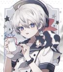  1boy animal_on_shoulder bottle cat drink english_commentary food hat highres holding looking_at_animal looking_at_object milk milk_bottle namiki_itsuki open_mouth original silver_hair symbol-only_commentary teeth tongue tongue_out watch wristwatch 