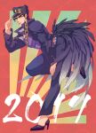  1boy 2017 absurdres adjusting_clothes adjusting_headwear against_wall black_hair chain chinese_zodiac coat gakuran hat high_heels highres jojo_no_kimyou_na_bouken kujo_jotaro less_end long_coat male_focus monster_boy muscular muscular_male purple_coat rooster_tail school_uniform solo standing standing_on_one_leg stardust_crusaders year_of_the_rooster 