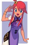  1girl :d armlet bangs blue_eyes border china_dress chinese_clothes commentary_request dress eyelashes grey_background hair_ornament hand_up highres looking_at_viewer official_alternate_costume one_side_up open_mouth pokemon pokemon_(game) pokemon_masters_ex purple_dress red_hair short_hair_with_long_locks sidelocks skyla_(pokemon) smile solo tied_hair tongue tyako_089 white_border wristband 
