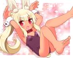  1girl :d animal_ear_fluff animal_ears armpits arms_up bangs bare_legs bare_shoulders barefoot blonde_hair breasts collar collarbone commentary_request eyebrows_visible_through_hair feet_out_of_frame heart heart-shaped_pupils highres leg_up leotard long_hair masurao_(sekaiju) masurao_2_(sekaiju) naga_u ponytail purple_leotard rabbit_ears rabbit_girl rabbit_tail red_collar red_eyes sekaiju_no_meikyuu sekaiju_no_meikyuu_5 short_eyebrows small_breasts smile soles solo strapless strapless_leotard symbol-shaped_pupils tail thick_eyebrows very_long_hair wrist_cuffs 