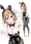  1girl absurdres animal_ears ass ass_grab bangs blush breasts brown_hair cleavage commentary embarrassed from_behind grabbing_own_ass high_heels highres kunikida_hanamaru large_breasts long_hair looking_at_viewer love_live! love_live!_sunshine!! multiple_views playboy_bunny rabbit_ears salute sasanon_(sasapoliton) shiny shiny_hair sidelocks solo twitter_username white_background yellow_eyes 