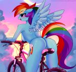 absurd_res anthro bicycle blush breasts butt digital_media_(artwork) dock english_text equid equine eyebrows female fingers friendship_is_magic genitals hasbro hi_res mammal multicolored_tail my_little_pony nude open_mouth outside pegasus pussy rainbow_dash_(mlp) rainbow_tail solo text wings xjenn9 