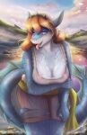  2022 absurd_res anthro aquatic_dragon ardail blonde_hair blue_body blue_scales blush breasts changeling_tale clothing cloud day detailed_background dragon female fin freckles grace_(changeling_tale) hair hi_res lake looking_at_viewer marine membrane_(anatomy) mountain outside scales smile solo tongue tongue_out torn_clothing water webbed_hands wet wet_clothing 