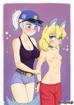  2girls :p animal_collar animal_ears baseball_cap belt black_tank_top blonde_hair blue_eyes blush breasts collar cuffs denim denim_shorts grey_fur handcuffs hat highres large_breasts male_swimwear male_swimwear_challenge medium_hair multiple_girls original police_badge ponytail purple_eyes red_male_swimwear rosalhymn shorts small_breasts star_(symbol) sunglasses tagme tank_top tongue tongue_out topless white_hair 