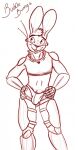  anthro armor belly_tuft biped bottomwear bucklebunny bulge clothing guide_lines hand_on_hip hi_res inner_ear_fluff lagomorph legwear leporid long_ears looking_aside male mammal monochrome neck_tuft protective_eyewear rabbit red_and_white shoulder_tuft signature sketch solo topwear tuft 