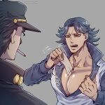  2boys between_breasts black_hair breasts cigarette dark-skinned_male dark_skin hat jojo_no_kimyou_na_bouken kujo_jotaro large_pectorals manboobs multiple_boys paper pectoral_cleavage pectorals red_eyes stardust_crusaders steely_dan tanakaoften twitter_username 