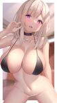  1girl akira_shiun arm_behind_back bangs bikini bikini_top_only black_bikini black_gloves blonde_hair blurry blurry_background blush border bottomless breasts choker collarbone eyebrows_visible_through_hair fingernails gloves groin hand_up highres large_breasts leaning_forward legs_apart linea_alba long_fingernails long_hair looking_at_viewer micro_bikini multicolored_hair nail_polish navel open_mouth original outside_border pointy_ears purple_eyes purple_nails skindentation solo standing streaked_hair swimsuit tongue twitter_username wavy_mouth white_border wings 