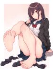  1girl bare_legs barefoot batatata77 blue_skirt brown_hair feet feet_up foot_focus foot_up greek_toe highres legs long_hair looking_at_viewer no_shoes original pleated_skirt red_eyes sailor_collar school_uniform serafuku skirt socks_removed soles sweater toes 