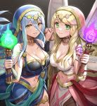  2girls alternate_costume angel_wings azura_(fire_emblem) bandeau bangs black_background black_bandeau blonde_hair blue_cape blue_hair blush breasts cape circlet cleavage collar collarbone commentary_request cowboy_shot crop_top eyebrows_visible_through_hair feathered_wings fire_emblem fire_emblem:_radiant_dawn fire_emblem_fates fire_emblem_heroes gonzarez green_eyes grin hair_between_eyes hands_up highres holding holding_hands holding_torch large_breasts leanne_(fire_emblem) long_hair looking_at_viewer midriff multiple_girls navel official_alternate_costume parted_lips partial_commentary see-through sidelocks single_leg_pantyhose smile standing thighlet torch vambraces veil very_long_hair waist_cape white_cape white_wings wings yellow_eyes 