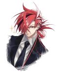  1boy alternate_costume bangs black_necktie collared_shirt earrings face fate/grand_order fate_(series) formal glasses hair_over_one_eye highres jacket jewelry light_smile long_hair long_sleeves looking_at_viewer male_focus multicolored_hair necktie red_eyes red_hair shirt simple_background smile solo streaked_hair suit takasugi_shinsaku_(fate) u_5ham0 upper_body white_background white_hair white_shirt 