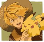  1girl :d bangs blonde_hair blush border brown_eyes brown_headwear brown_shirt eyebrows_visible_through_hair fingernails hat holding holding_pokemon omyo_(myomyomyo22) open_mouth pikachu pokemon pokemon_(creature) pokemon_adventures shirt short_hair smile symbol-only_commentary teeth tongue upper_teeth vest white_border yellow_(pokemon) yellow_vest 