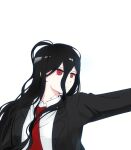  1boy bangs black_hair black_jacket closed_mouth collared_shirt danganronpa_(series) danganronpa_2:_goodbye_despair jacket kamukura_izuru long_hair looking_to_the_side messy_hair necktie open_clothes open_jacket outstretched_arm red_necktie seumol_sx shiny shiny_hair shirt simple_background solo upper_body white_background white_shirt 