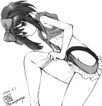  1girl black_hair blush flat_chest greyscale highres hip_vent kamogawa_tanuki kunihiro_hajime long_hair looking_at_viewer monochrome no_panties ponytail revealing_clothes saki shiny shiny_hair simple_background single_thighhigh smile solo thighhighs thighhighs_pull wet white_background 