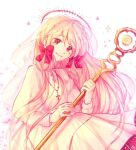  1girl bad_id bad_twitter_id bow cross cross_necklace crying dress hair_bow halo head_tilt hissflower jewelry looking_at_viewer necklace pale_skin pink_eyes pink_hair platinum_(pocket_mirror) pocket_mirror spoilers star_(symbol) tearing_up wand white_background 