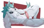  abs anthro balls brand_new_animal canid canine canis chest_fur collar fur genitals hand_on_leg hand_on_thigh hi_res humanoid_genitalia jrjresq looking_at_viewer lying male mammal muscular penis shirou_ogami solo studio_trigger turquoise_fur white_body white_fur wolf 