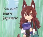  1girl 4chan 4chan_(/jp/) animal_ear_fluff animal_ears bag bamboo bamboo_forest bangs blush_stickers book brown_hair cloud day dekinai-chan derivative_work english_text eyebrows_visible_through_hair forest hair_between_eyes holding holding_book imaizumi_kagerou long_hair long_sleeves looking_at_viewer meme nature outdoors red_eyes shoulder_bag sky smile solo tail touhou upper_body wolf_ears wolf_tail wool_(miwol) 