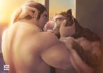  anthro caressing_face duo embrace hi_res hug human human_on_anthro interspecies khenbish_(minotaur_hotel) kissing male male/male mammal minotaur_hotel musclegut muscular muscular_male rear_view stray_piggy suid suina sus_(pig) wild_boar 