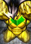  abs anthro armor bandai_namco big_muscles blush bodily_fluids bulkmon captured chain chained claws digimon dragon dungeon green_body green_eyes headgear helmet inside kneeling looking_at_viewer looking_up male mennsuke muscular muscular_anthro muscular_male muscular_thighs pecs slit slitfluid solo sweat sweaty_body teeth toe_claws yellow_body 
