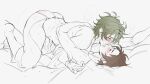  2boys absurdres blush brown_hair closed_eyes eiden_(nu_carnival) green_hair hickey highres kiss male_focus multiple_boys nu_carnival olivine_(nu_carnival) ruffishpng sex sketch slap_mark yaoi 