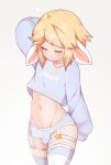  1boy 4o5th androgynous animal_ears blonde_hair blush bulge choker closed_eyes crop_top garter_belt garter_straps heart highres lingerie long_sleeves midriff navel original otoko_no_ko pale_skin rabbit_boy rabbit_ears sleepy thick_thighs thighhighs thighs underwear white_background 