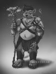  2021 anthro armor bone chanrom druid facial_piercing hair holding_object holding_staff looking_at_viewer magic_user male mammal monochrome nipples nose_piercing nose_ring piercing short_hair simple_background skull slightly_chubby smile solo staff tribal_spellcaster ursid 
