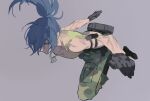 1girl armlet bare_shoulders blue_eyes blue_hair camouflage clenched_hand dog_tags fighting_stance gloves grey_background hair_over_one_eye leona_heidern otuming ponytail simple_background sketch solo tank_top the_king_of_fighters the_king_of_fighters_xv yellow_tank_top 