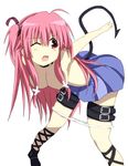  angel_beats! ankle_lace-up bent_over blush choker cross-laced_footwear demon_tail long_hair one_eye_closed panties panty_pull pink_hair red_eyes skirt solo tail thigh_strap topless two_side_up underwear usotsuki_makuru white_panties wince yui_(angel_beats!) 