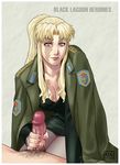  1girl azasuke balalaika balalaika_(black_lagoon) beauty_mark black_lagoon blonde_hair blue_eyes breasts business_suit censored cleavage formal handjob highres jacket kneeling long_hair military military_uniform mole nail_polish pantyhose penis ponytail pubic_hair scar solo squeeze squeezing suit uniform 