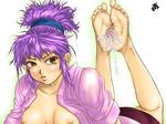  barefoot bike_shorts brown_eyes cum cum_on_body cum_on_feet cum_on_lower_body feet footjob hunter_x_hunter japanese_clothes looking_at_viewer lying machi_(hunter_x_hunter) open_clothes purple_hair soles toes 