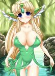  areolae artist_request bad_anatomy bare_shoulders blonde_hair blue_eyes blush bow breasts bursting_breasts cleavage collarbone covered_nipples forest hair_bow huge_breasts long_hair narrow_waist nature no_panties pussy riesz river seiken_densetsu seiken_densetsu_3 skirt skirt_lift smile solo water 