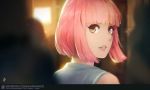  1girl bangs blurry catherine_(game) depth_of_field erica_june_lahaie from_behind green_eyes light looking_back parted_lips patreon_logo pink_hair rin_(catherine) signature solo watermark web_address 