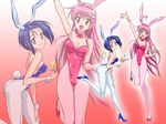  2girls ahoge alternate_costume animal_ears arm_up blue_hair breasts bunny_ears bunny_girl bunnysuit cameltoe carrying cleavage clothed_navel detached_collar female full_body glass hairband hand_on_thigh high_heels holding leaning_forward legs leotard long_hair multiple_girls open_mouth pantyhose pink_hair plate shoes short_hair smile standing standing_on_one_leg thigh_gap thighs to_love-ru toloveru wrist_cuffs yabuki_kentarou zoom_layer 
