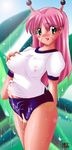  antenna antennae blush breast_grab breasts bulge buruma cameltail cum erect_nipples futanari grabbing green_eyes long_hair pink_hair rain red-rum 