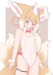  absurdres animal_ear_fluff animal_ears arknights bare_shoulders blonde_hair blush bow bowtie braid breasts chrocatz covered_navel detached_collar embarrassed fake_animal_ears flying_sweatdrops fox_ears fox_girl fox_tail groin hair_rings highres leotard long_hair multiple_tails playboy_bunny rabbit_ears red_neckwear small_breasts suzuran_(arknights) tail tears thigh_strap thighs twin_braids twintails white_leotard wrist_cuffs 