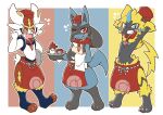  acky animal_ears blue_eyes cinderace claws commentary_request furry highres holding looking_at_viewer lucario multiple_boys open_mouth pokemon pokemon_(creature) red_eyes simple_background smile solo standing teeth yellow_fur zeraora 