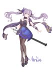  1girl absurdres arm_ribbon bangs black_legwear blue_bow bow closed_mouth eyebrows_visible_through_hair floating_hair full_body genshin_impact hair_between_eyes hair_bow hair_cones highres holding holding_sword holding_weapon keqing_(genshin_impact) long_hair looking_at_viewer pantyhose purple_eyes purple_hair purple_ribbon quietmrcat ribbon sash simple_background solo standing strapless sword the_flute_(genshin_impact) twintails very_long_hair weapon white_background 