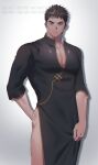  1boy artist_name bara beard black_hair china_dress chinese_clothes dark_skin dress facial_hair male_focus mature_male mongz muscular muscular_male no_pants original pectoral_cleavage pectorals sweat text_focus thick_eyebrows tight 