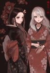  2girls absurdres alternate_universe bangs black_background black_hair black_kimono black_sash cowboy_shot daki_(kimetsu_no_yaiba) floral_print flower furisode green_eyes grey_hair hair_ornament hair_ribbon hair_stick hatou_(pixi59327036) highres holding_hair_ornament japanese_clothes kamado_nezuko kimetsu_no_yaiba kimono lipstick long_hair long_sleeves looking_at_viewer looking_back makeup multicolored_hair multiple_girls obi pink_eyes pink_ribbon red_flower red_hair red_kimono red_lips red_sash ribbon sash sidelocks simple_background standing streaked_hair wide_sleeves 