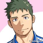  1boy blue_eyes blue_shirt commentary_request green_hair itto_(mentaiko) looking_at_viewer lowres male_focus shaded_face shirt smile track_suit 