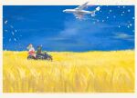  1boy 1girl aircraft airplane antonov_an-225 cargo_aircraft ground_vehicle highres light_brown_hair long_hair motor_vehicle motorcycle original sidecar sky thrux ukraine ukrainian_flag wheat_field 