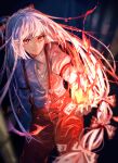  1girl :| arm_at_side arm_garter bangs beekan blunt_bangs blurry blurry_background bow closed_mouth collared_shirt commentary cowboy_shot embers eyebrows_behind_hair fire flame fujiwara_no_mokou hair_bow highres long_hair long_sleeves looking_at_viewer ofuda ofuda_on_clothes pants red_eyes red_pants shirt solo suspenders touhou very_long_hair white_bow white_hair white_shirt 