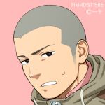  1boy black_eyes black_hair commentary_request frown hood hoodie itto_(mentaiko) layered_clothing looking_at_viewer lowres male_focus pink_background pink_shirt shaved_head shirt 