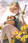  1girl animal_on_lap bangs blonde_hair breasts chest_sarashi cleavage closed_mouth cloud cowengium crossed_bangs flower green_eyes haori headpat highres hololive japanese_clothes katana kazama_iroha kimono long_hair looking_at_viewer medium_breasts outdoors pokobee ponytail sarashi sitting sky smile sunflower sword thigh_strap thighhighs virtual_youtuber weapon weapon_on_back white_kimono white_legwear wide_sleeves 