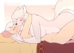  2021 anthro anthro_on_anthro bed bed_covers bedding big_breasts big_ears big_tail black_nose blonde_hair blush breasts canid canine digital_media_(artwork) duo embrace eyes_closed fan_character female female/female fox from_front_position fur furniture hair hand_behind_head hand_in_hair hi_res karma_faye kissing kissing_with_both_sets_of_lips larger_female long_hair lying lying_on_another lying_on_bed lying_on_top making_out male_(lore) mammal marik_azemus34 missionary_position mouse murid murine nude on_back on_bed on_front on_top pillow playing_with_hair rat_tail rodent sex short_hair simple_background size_difference slim smaller_female tan_body tan_fur tender text thick_thighs touching_hair url white_body white_fur white_hair wide_hips 