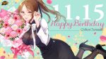  1girl birthday blue_ribbon bouquet bow breasts brown_hair copyright daisy dated english_text flower glasses happy_birthday high_heels logo mahjong_soul mole mole_under_mouth osanai_mei_(artist) petals pink_ribbon ponytail ribbon terasaki_chihori white_bow yellow_eyes yostar 