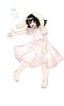  1girl absurdres animal_ears bare_legs barefoot black_hair buck_teeth commentary_request derivative_work dress floppy_ears frilled_dress frills full_body happy highres imperishable_night inaba_tewi korean_commentary kuya_(hey36253625) open_mouth pink_dress puffy_short_sleeves puffy_sleeves rabbit_ears rabbit_girl red_eyes short_hair short_sleeves simple_background teeth touhou translation_request white_background 